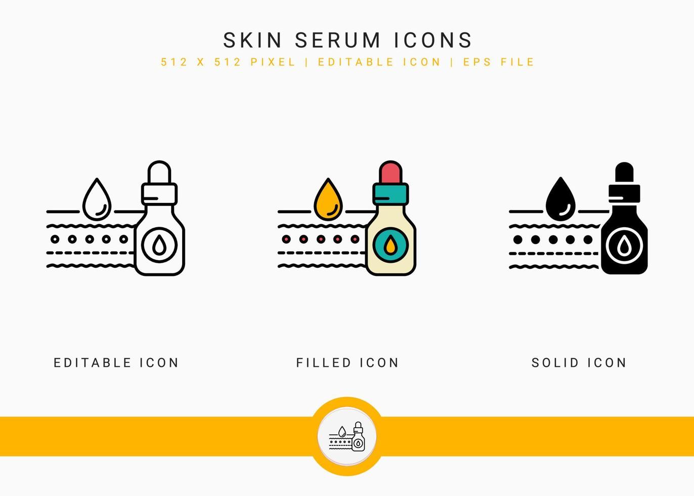 Skin serum icons set vector illustration with solid icon line style. Serum absorption symbol. Editable stroke icon on isolated background for web design, infographic and UI mobile app.