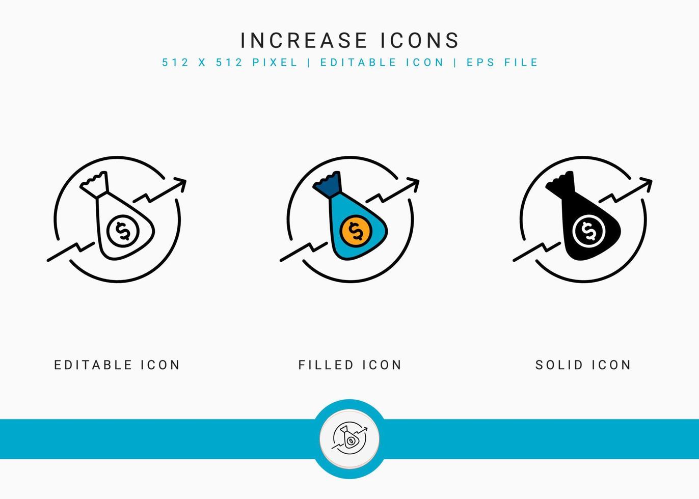 Increase icons set vector illustration with solid icon line style. Business grow development concept. Editable stroke icon on isolated background for web design, infographic and UI mobile app.