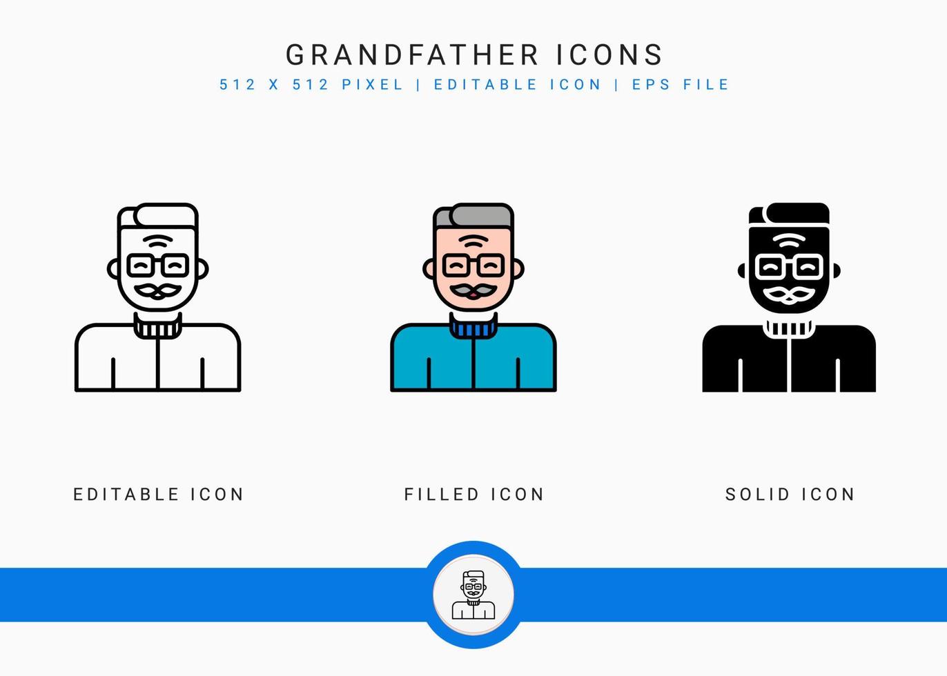 Grandfather icons set vector illustration with solid icon line style. Old people man symbol. Editable stroke icon on isolated background for web design, user interface, and mobile app