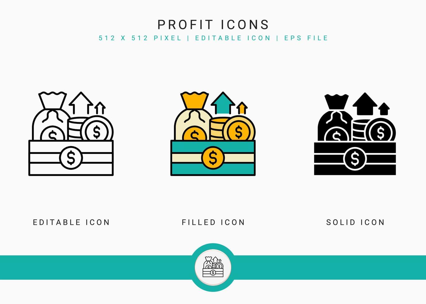 Profit icons set vector illustration with solid icon line style. Investment increase concept. Editable stroke icon on isolated white background for web design, user interface, and mobile application