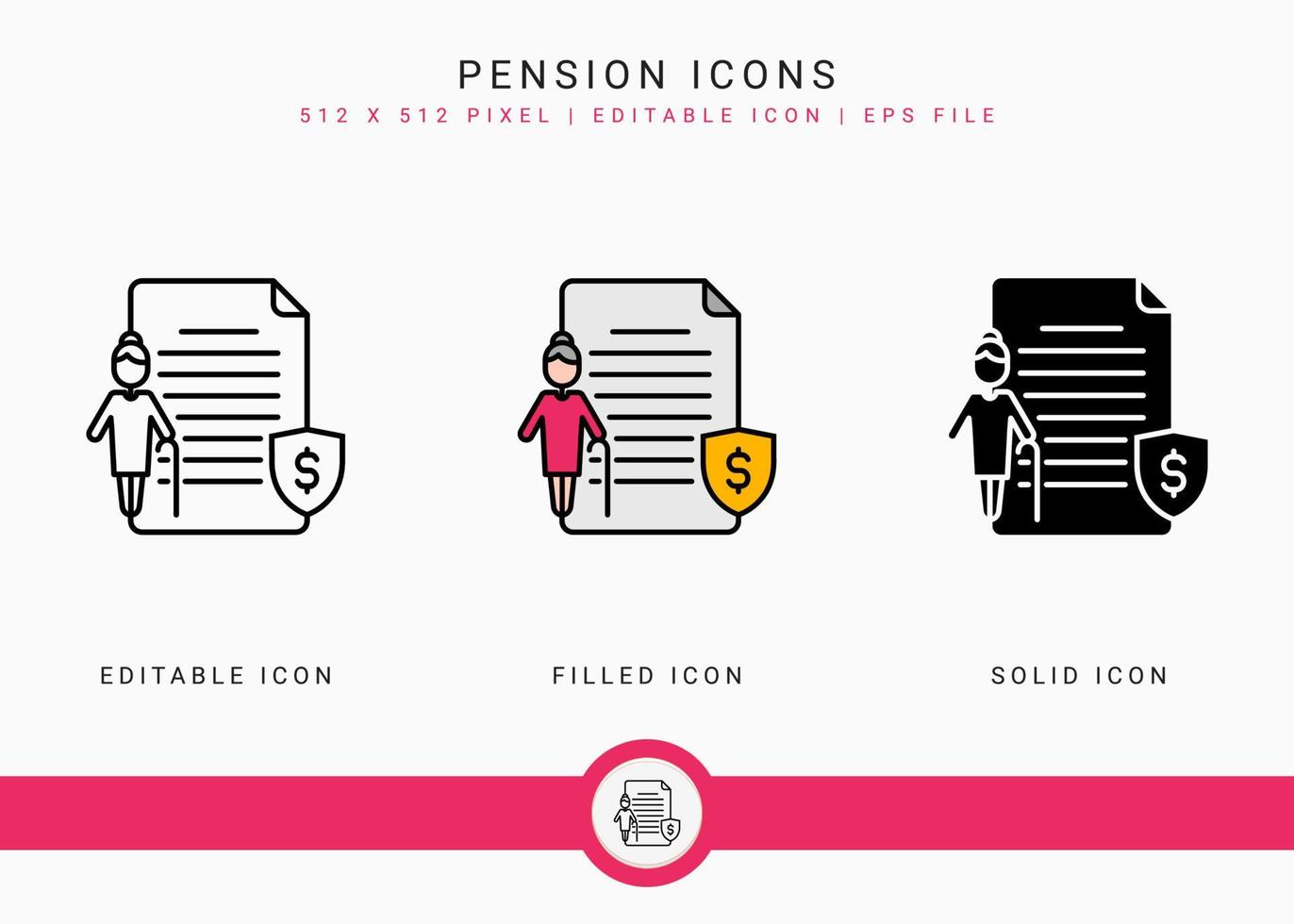 Pension icons set vector illustration with solid icon line style. Retirement fund plan concept. Editable stroke icon on isolated white background for web design, user interface, and mobile application