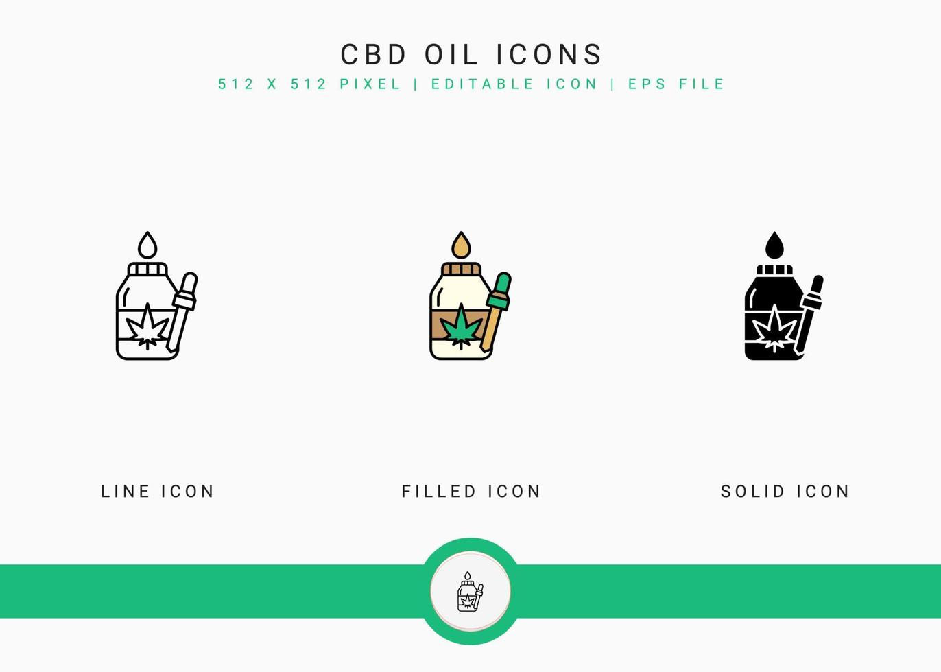 CBD oil icons set vector illustration with solid icon line style. Tincture hemp concentrate concept. Editable stroke icon on isolated background for web design, user interface, and mobile app