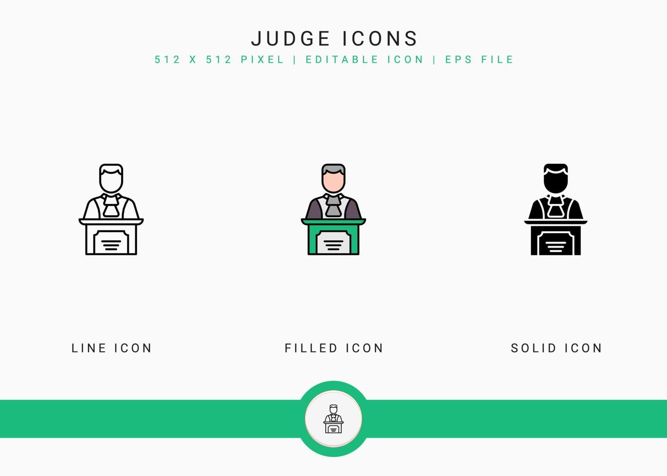 Judge icons set vector illustration with solid icon line style. Auction act concept. Editable stroke icon on isolated background for web design, user interface, and mobile application