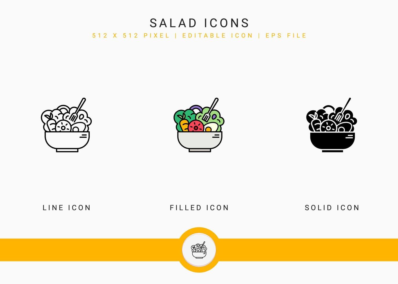 Salad icons set vector illustration with solid icon line style. Vegetables bowl nutrition concept. Editable stroke icon on isolated white background for web design, user interface, and mobile app