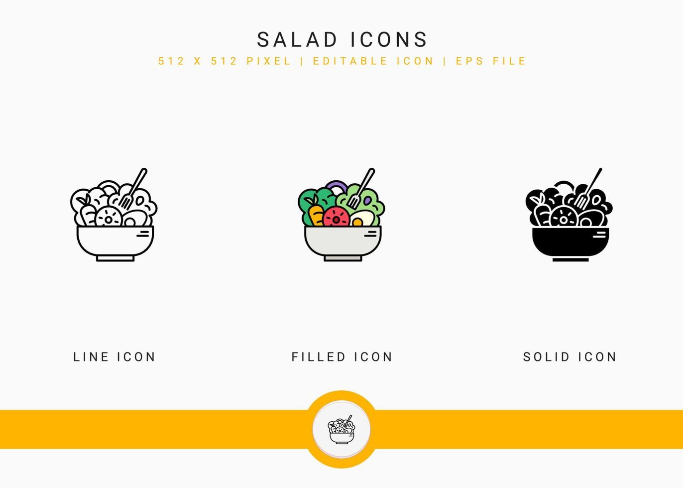 iconos de ensalada establecer ilustración vectorial con estilo de línea de icono sólido. concepto de nutrición del tazón de verduras. icono de trazo editable sobre fondo blanco aislado para diseño web, interfaz de usuario y aplicación móvil vector