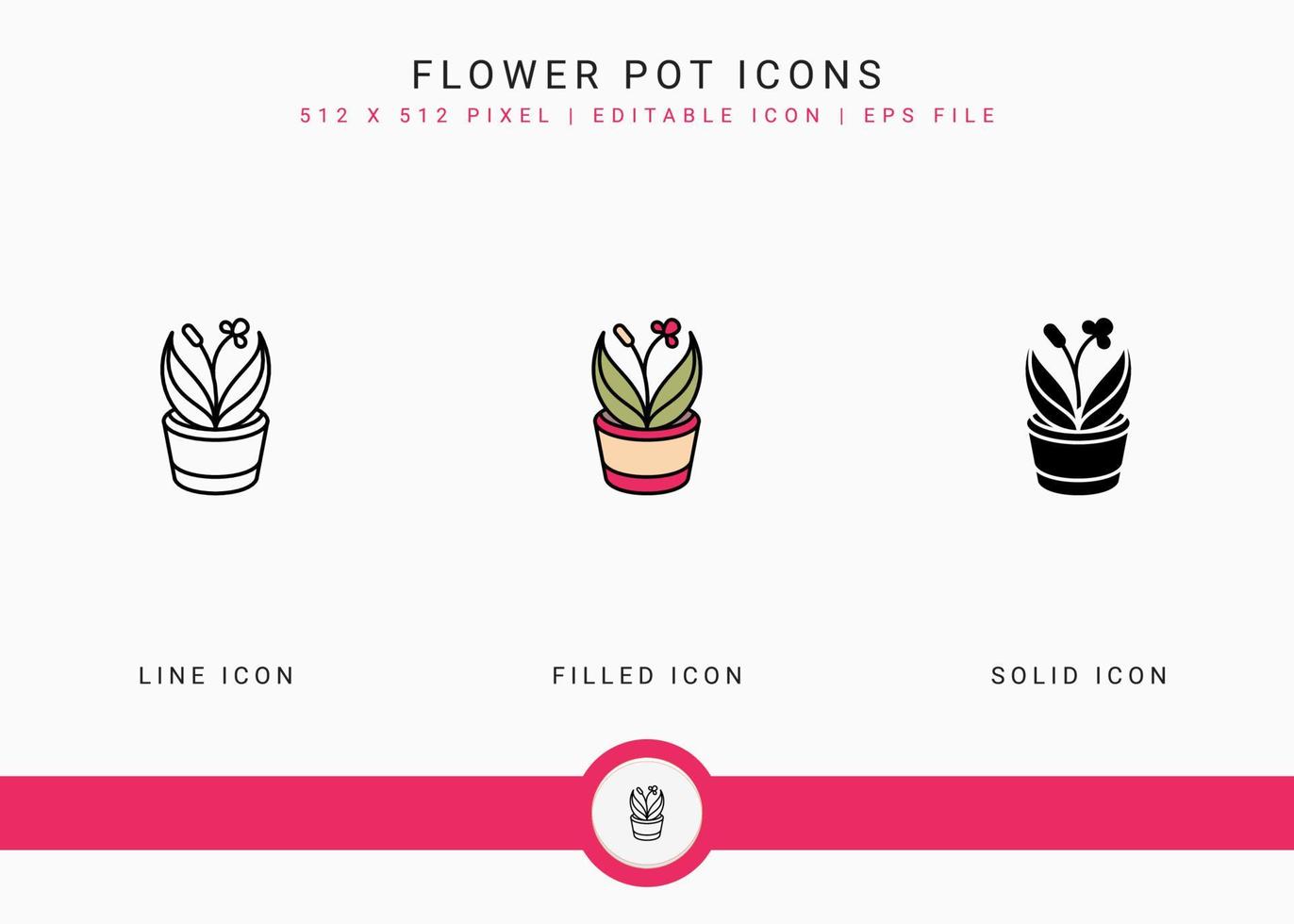 Flower Pot icons set vector illustration with solid icon line style. Plant gardening agriculture concept. Editable stroke icon on isolated background for web design, user interface, and mobile app