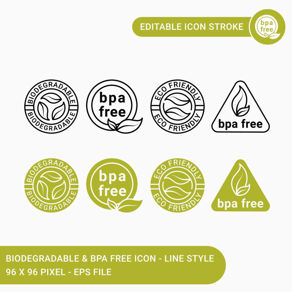 Biodegradable icons set vector illustration, icon line style. Eco friendly badge concept. Editable stroke icon on isolated background for web design and mobile app