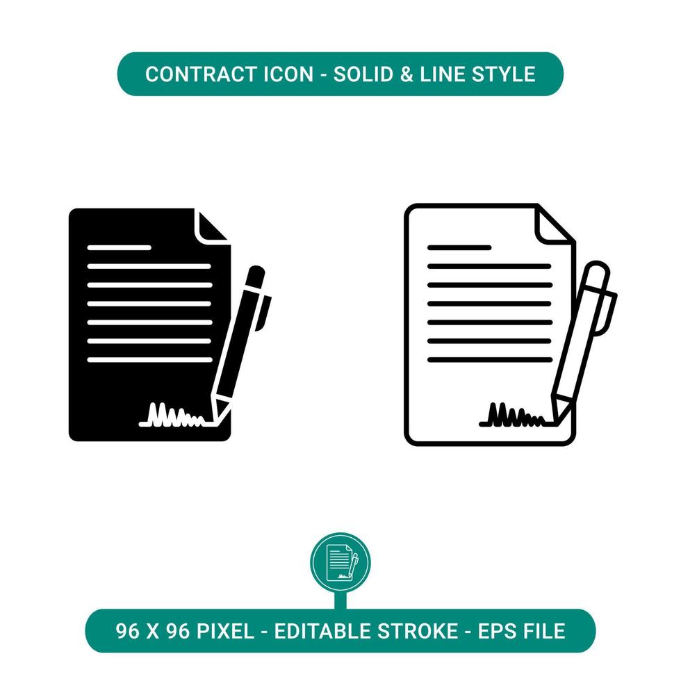 Contract icons set vector illustration. Editable solid icon and thin line icon style. Official Document sign concept on isolated background for web design, and UI mobile app.