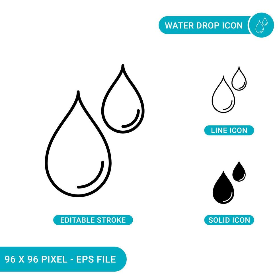 Water drop icons set vector illustration with solid icon line style. Aqua circle drop concept. Editable stroke icon on isolated background for web design, infographic and UI mobile app.