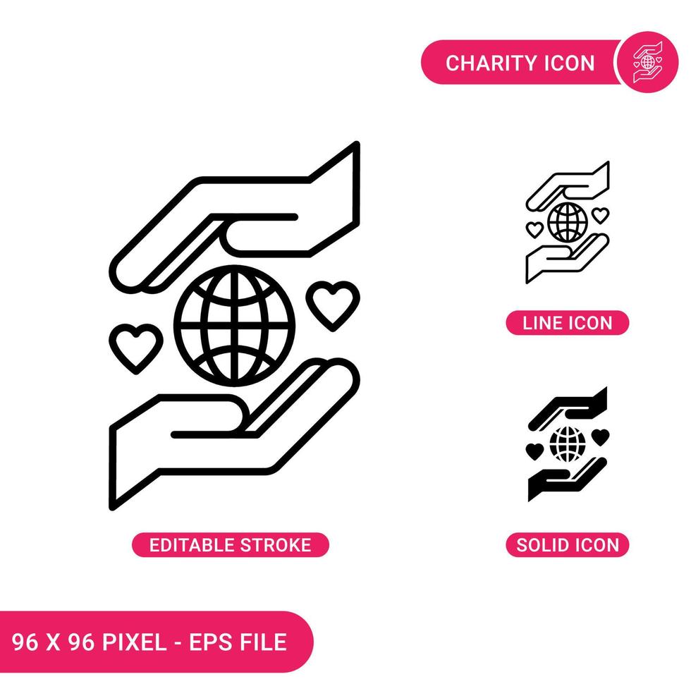 Charity icons set vector illustration with solid icon line style. World donation concept. Editable stroke icon on isolated background for web design, infographic and UI mobile app.