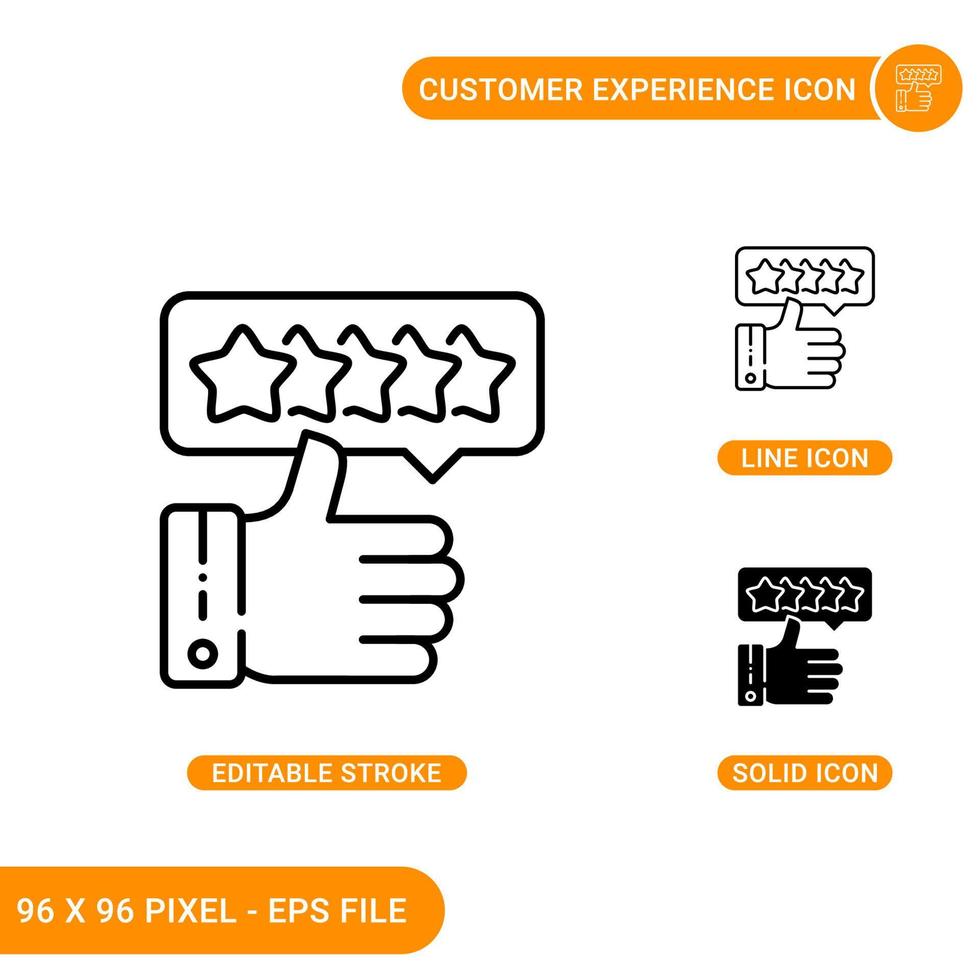 Customer experience icons set vector illustration with solid icon line style. Five stars positive review concept. Editable stroke icon on isolated background for web design, infographic, mobile app.