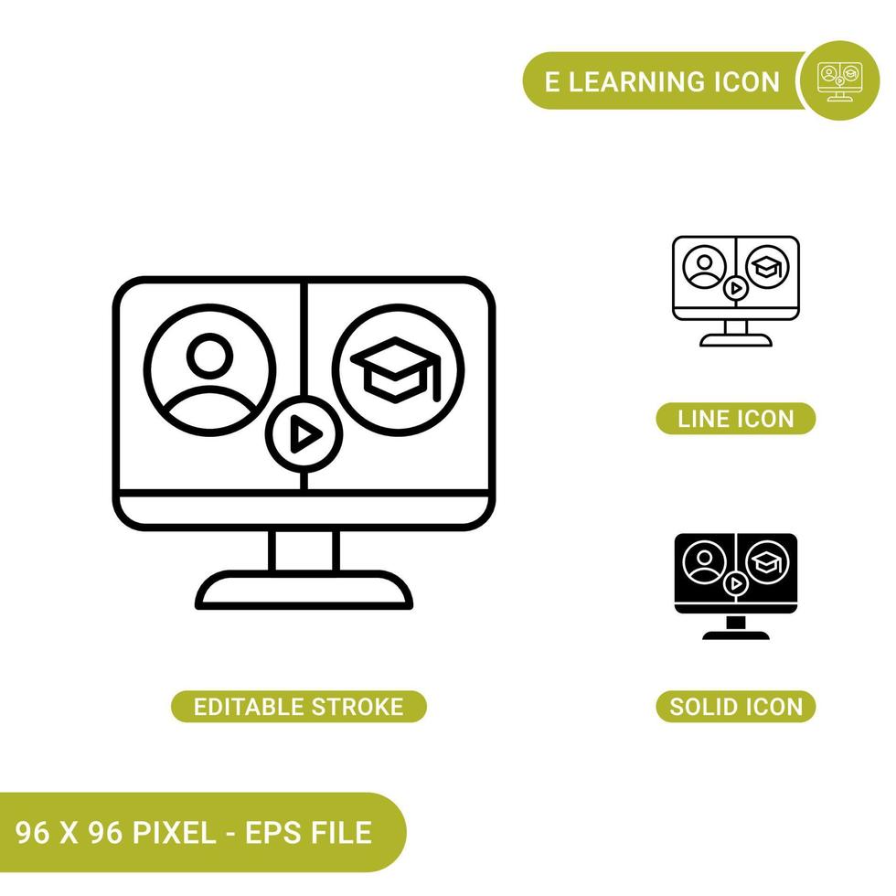 E learning icons set vector illustration with solid icon line style. Live webinar concept. Editable stroke icon on isolated background for web design, infographic and UI mobile app.