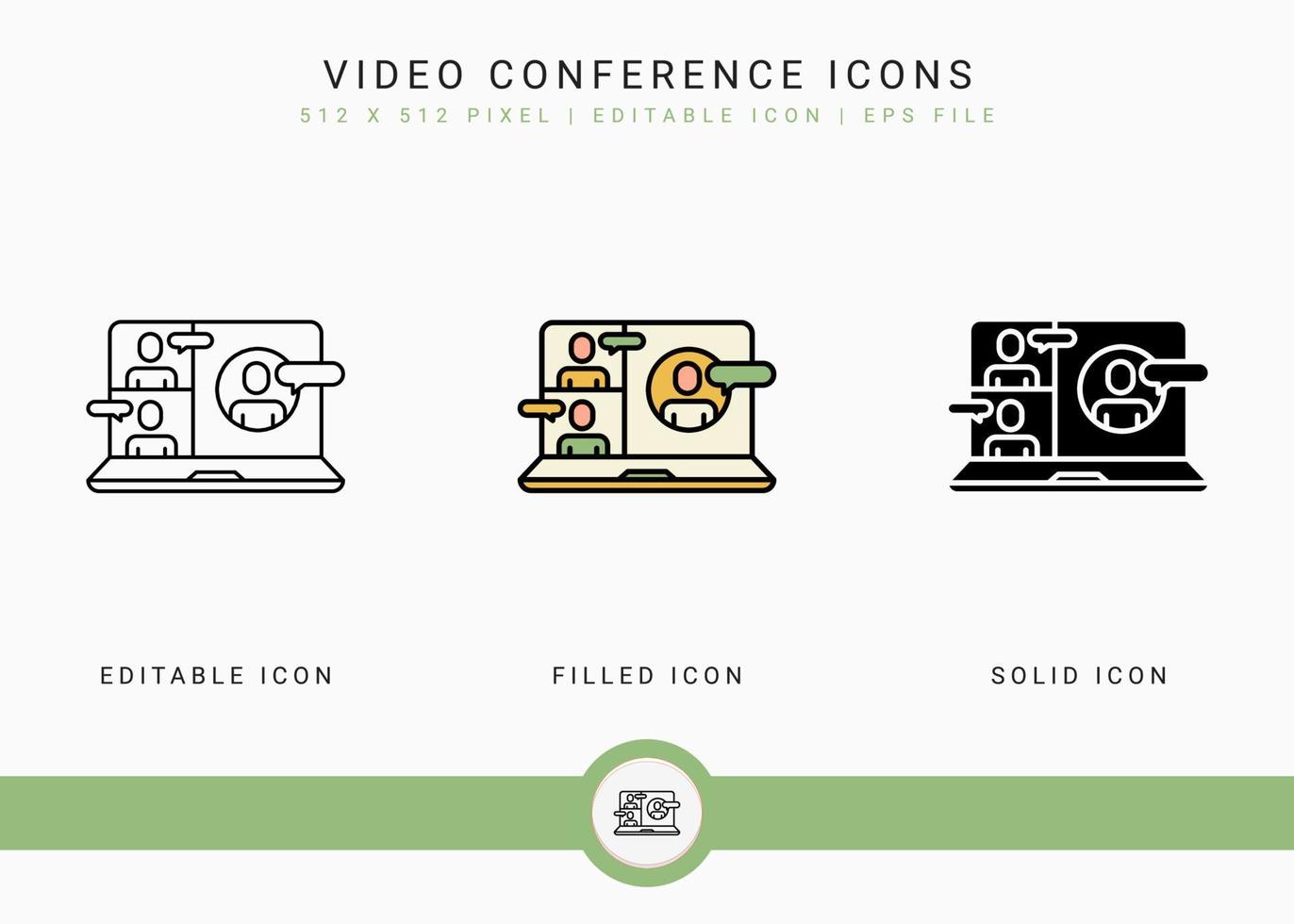 los iconos de videoconferencia establecen una ilustración vectorial con un estilo de línea de icono sólido. concepto de comunicación en línea. icono de trazo editable en un fondo aislado para diseño web, interfaz de usuario y aplicación móvil vector