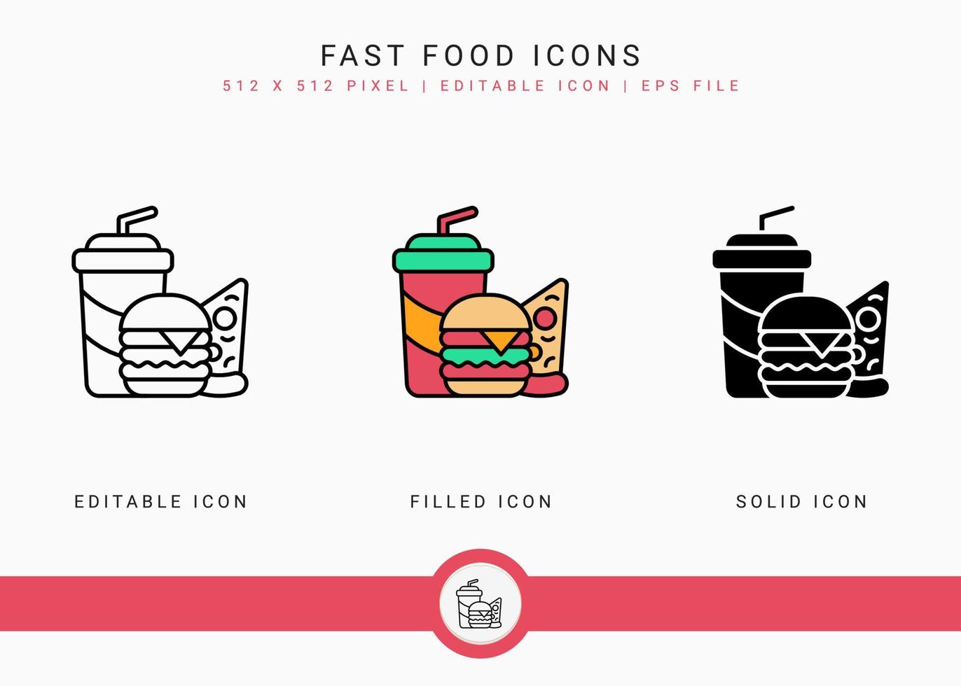 iconos de comida rápida establecer ilustración vectorial con estilo de línea de icono sólido. concepto de menú de aperitivos de cafetería. icono de trazo editable en un fondo aislado para diseño web, infografía y aplicación móvil ui. vector