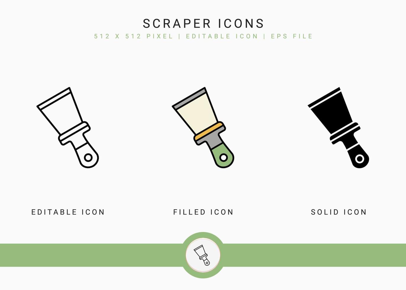 Scraper icons set vector illustration with solid icon line style. Carpenter tool building concept. Editable stroke icon on isolated background for web design, user interface, and mobile application