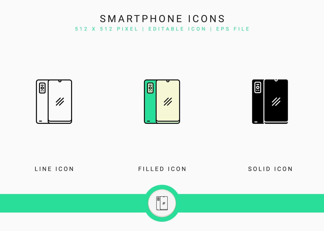 Smartphone icons set vector illustration with solid icon line style. Electronics smart device concept. Editable stroke icon on isolated background for web design, user interface, and mobile app