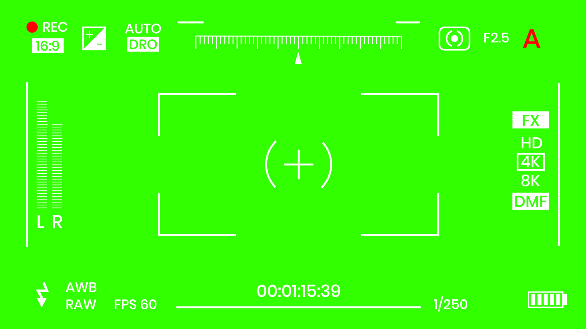 Green colored chroma key camera rec frame viewfinder overlay background