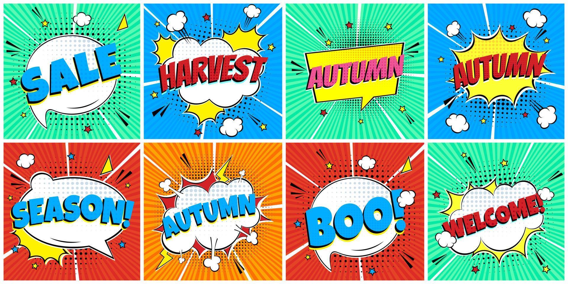 8 Lettering Autumn In The Speech Bubbles Comic Style Flat Design. Dynamic Pop Art Vector Illustration Isolated On Rays Background. Exclamation Concept Of Pop Art Voice Phrase.