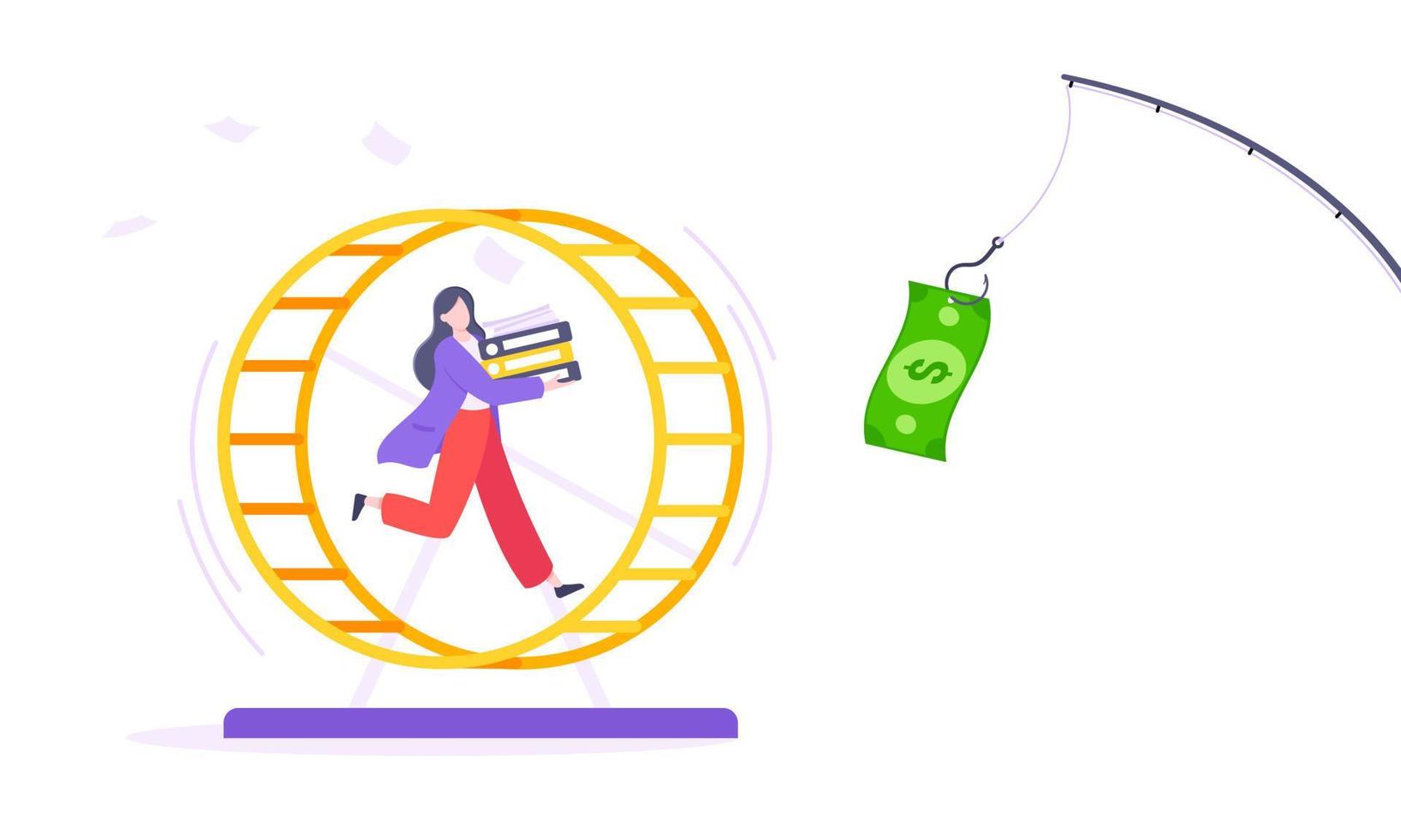 Rat race business concept with businesswoman running after rod dangling dollar. vector