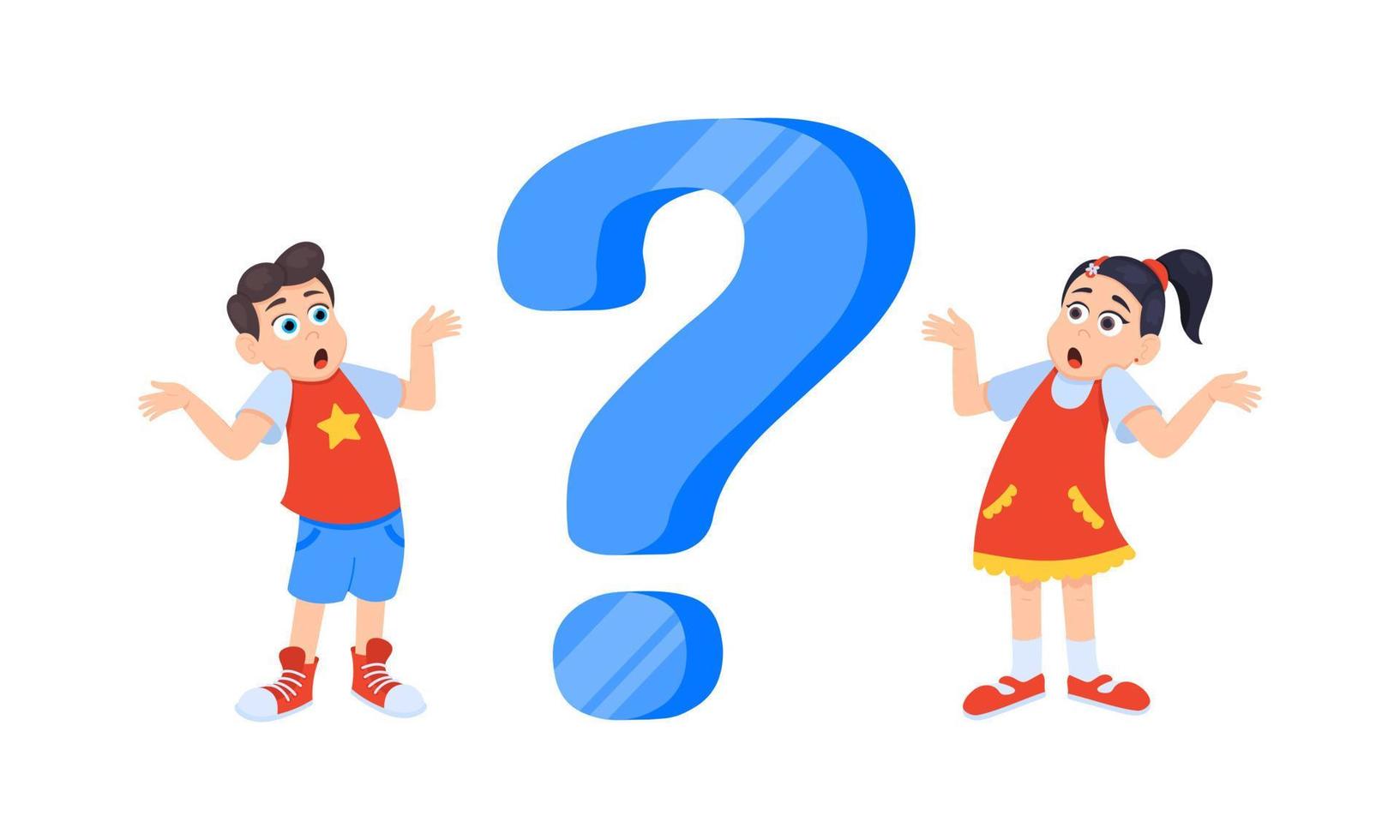 Little doubt girl and boy kids asking question flat style design vector illustration.