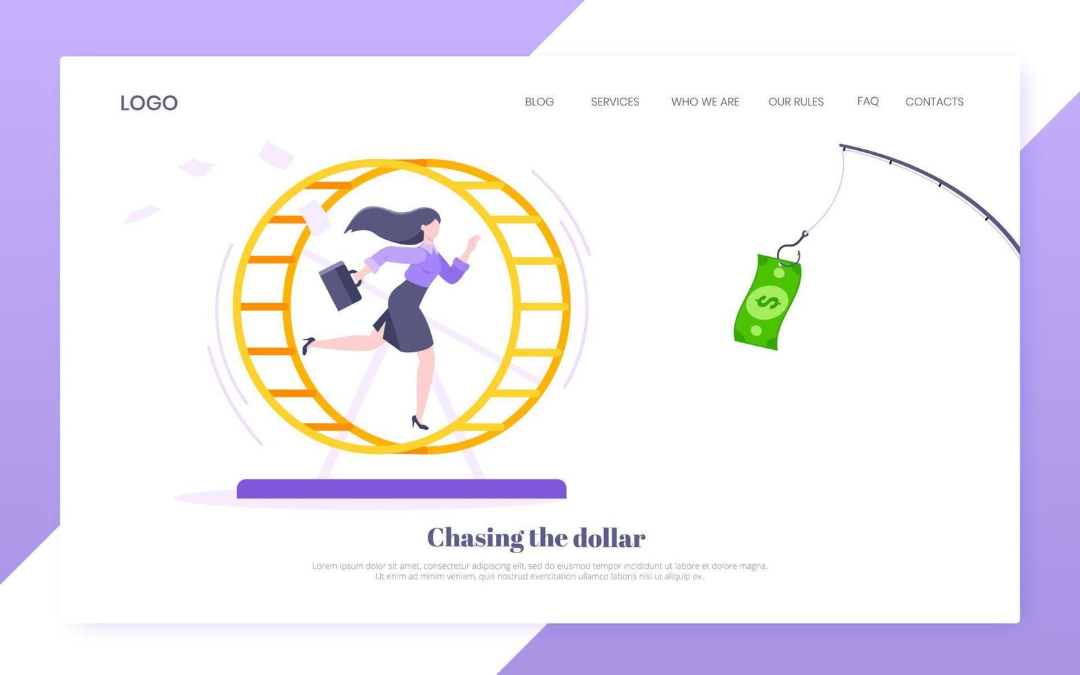 Rat race business concept with businesswoman running after rod dangling dollar. vector