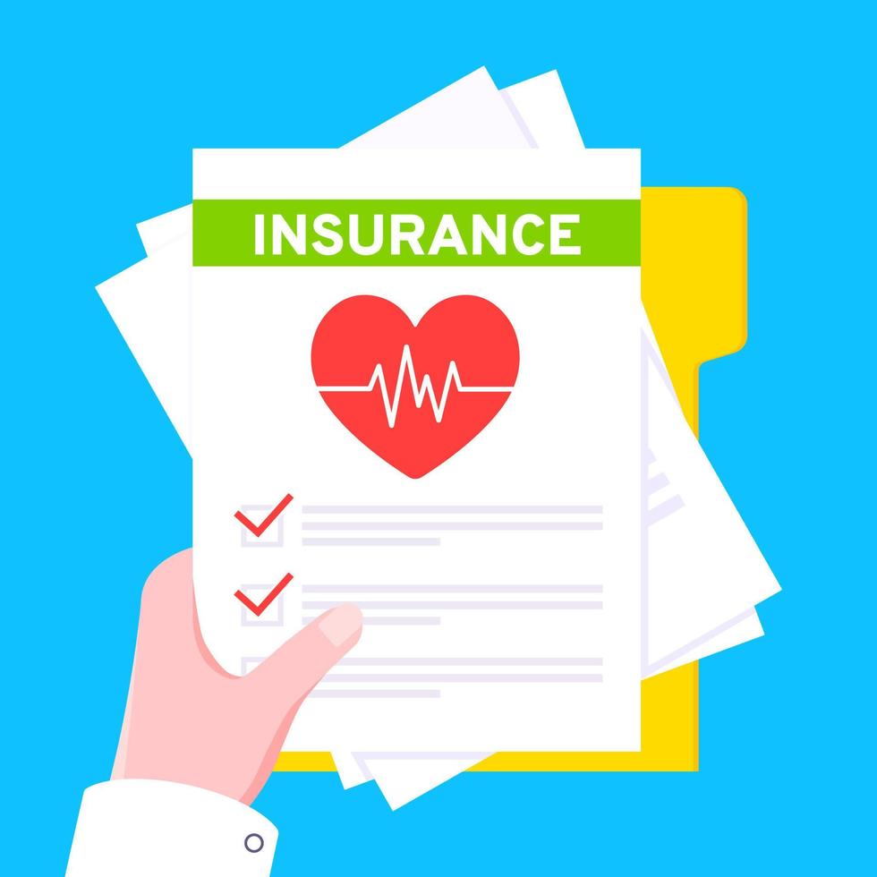 Hand hold medical insurance claim form with file paper sheets flat style design vector illustration.