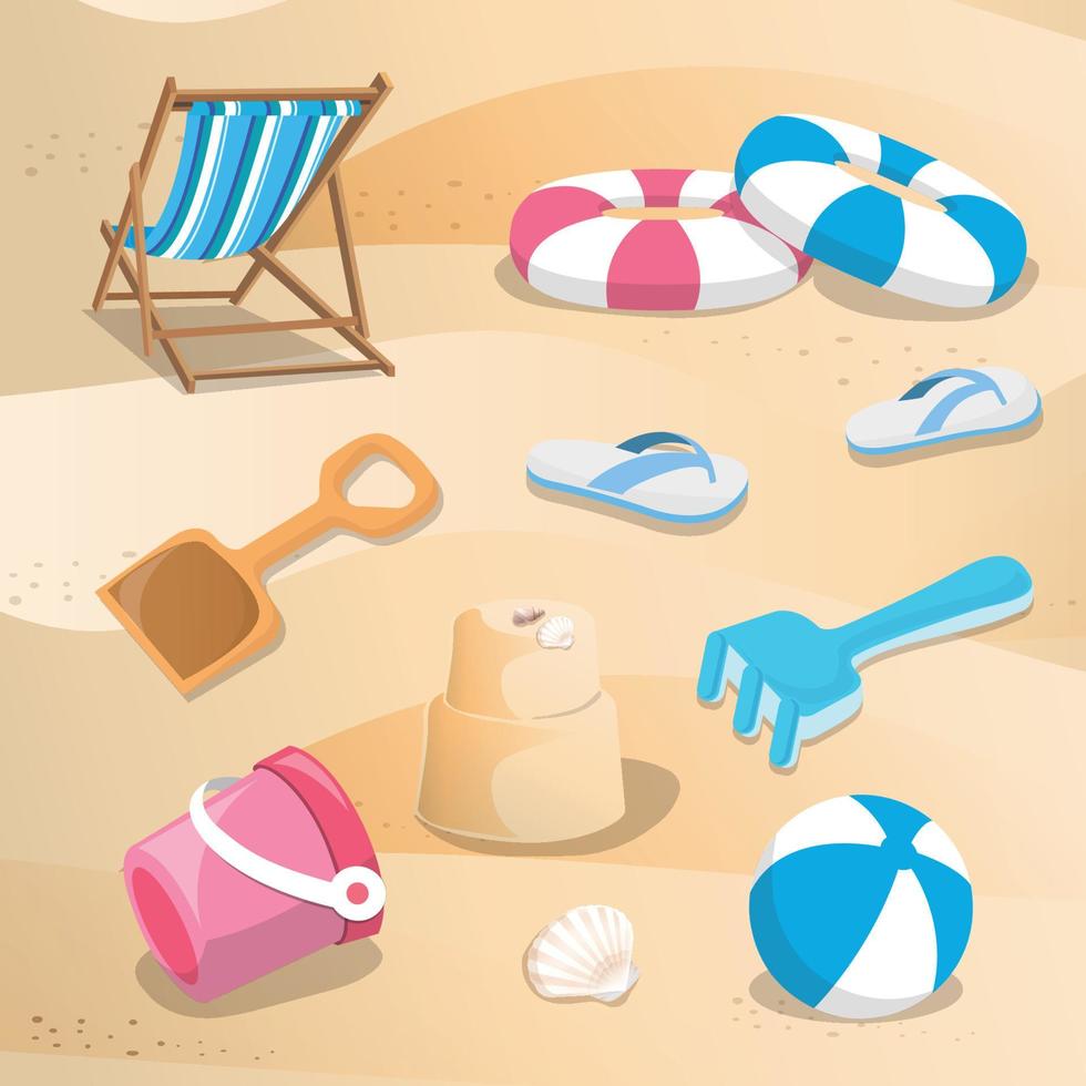 Set of summer accessories and beach toys, vector icons