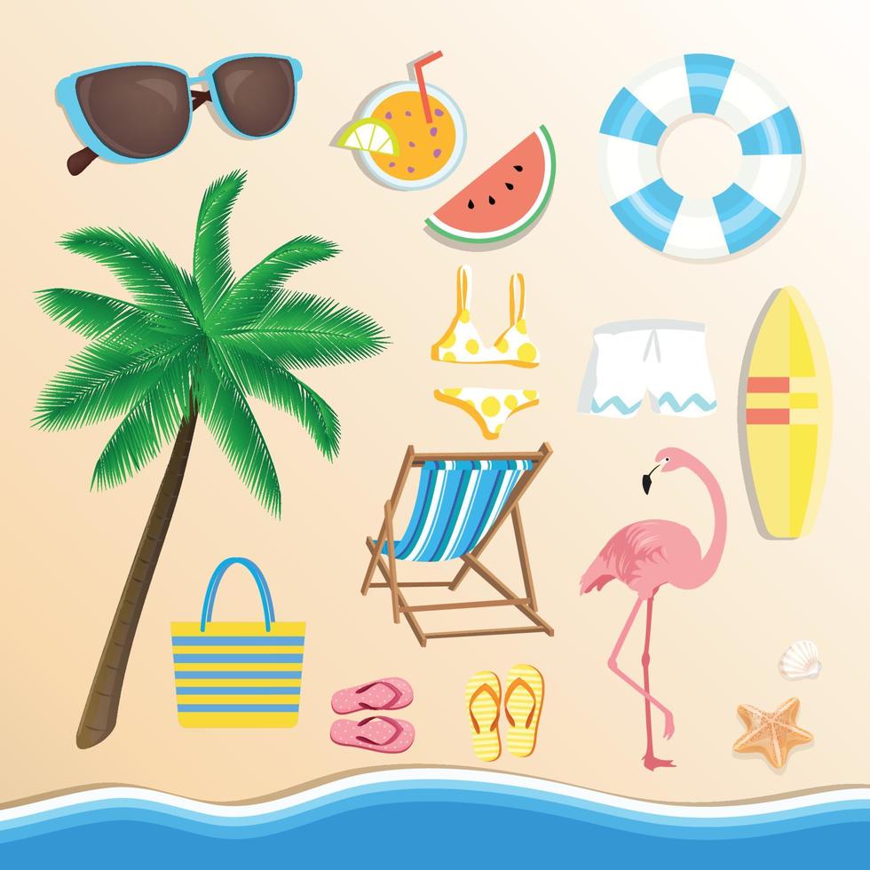 conjunto de coloridos accesorios de playa e iconos vectoriales de elementos de verano vector
