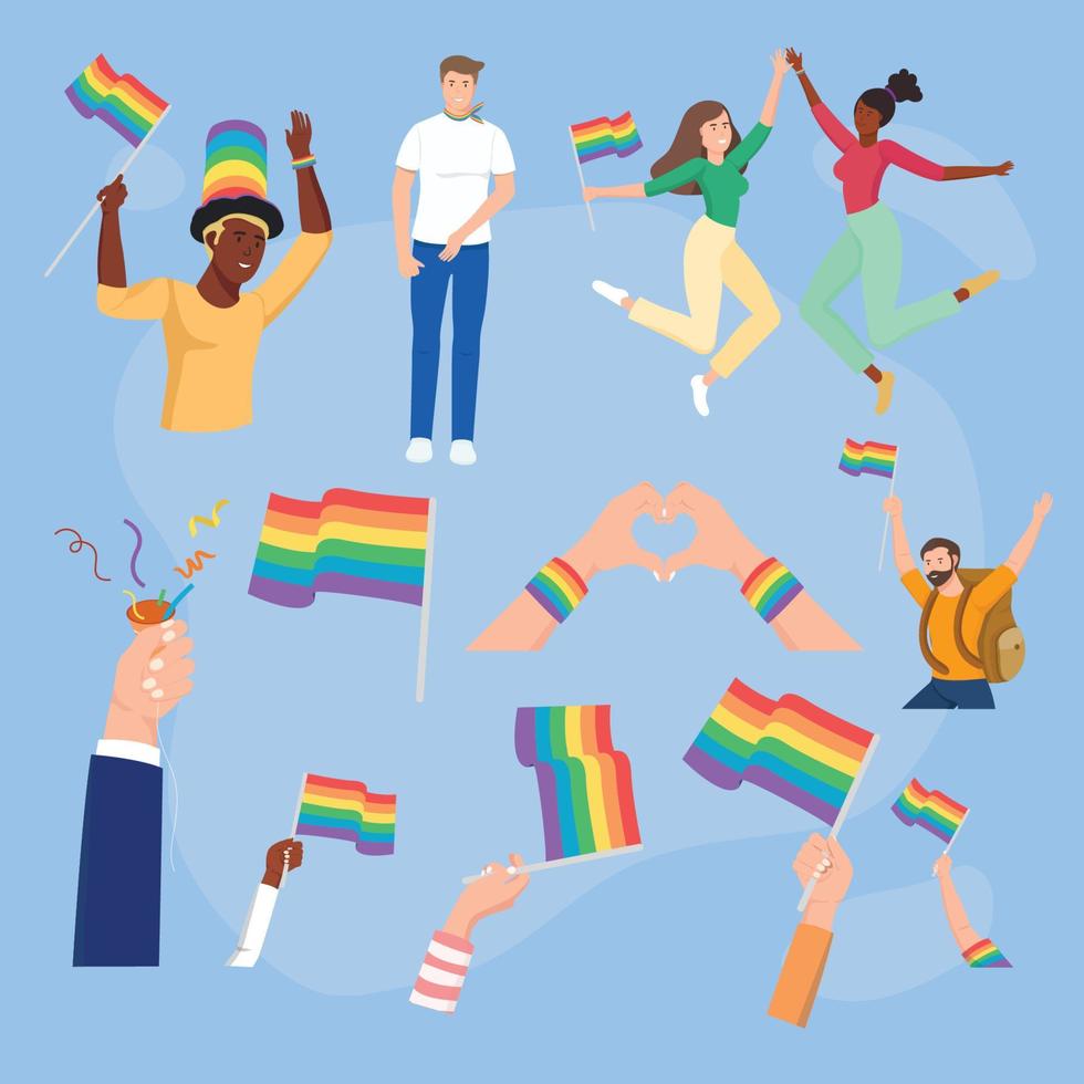 conjunto de iconos vectoriales lgbt del mes del orgullo feliz que incluye banderas del arco iris vector