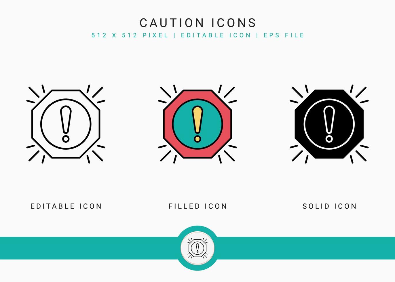 Caution icons set vector illustration with solid icon line style. Exclamation mark alert concept. Editable stroke icon on isolated background for web design, user interface, and mobile application