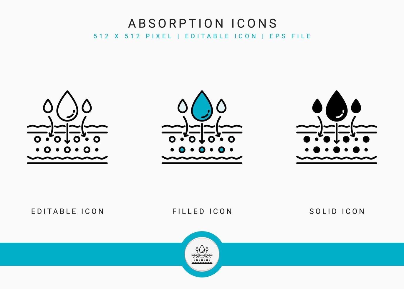 Absorption icons set vector illustration with solid icon line style. Drop water emulsion concept. Editable stroke icon on isolated background for web design, user interface, and mobile application