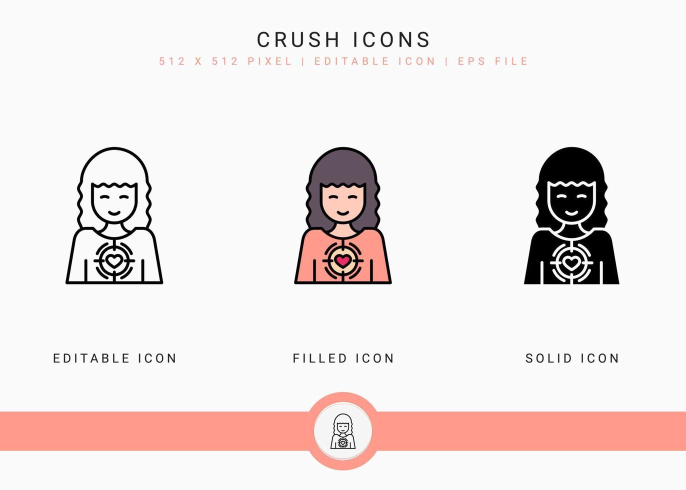 Crush icons set vector illustration with solid icon line style. Wedding love romance concept. Editable stroke icon on isolated background for web design, user interface, and mobile application