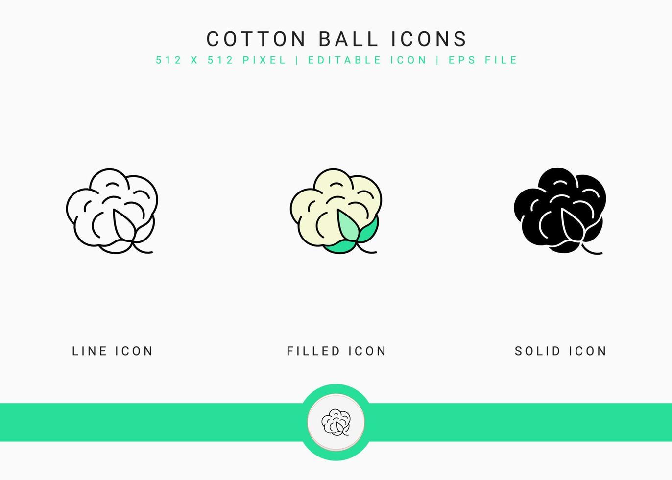 iconos de bolas de algodón establecen ilustración vectorial con estilo de línea de icono sólido. concepto de flor de algodón. icono de trazo editable en un fondo aislado para diseño web, interfaz de usuario y aplicación móvil vector