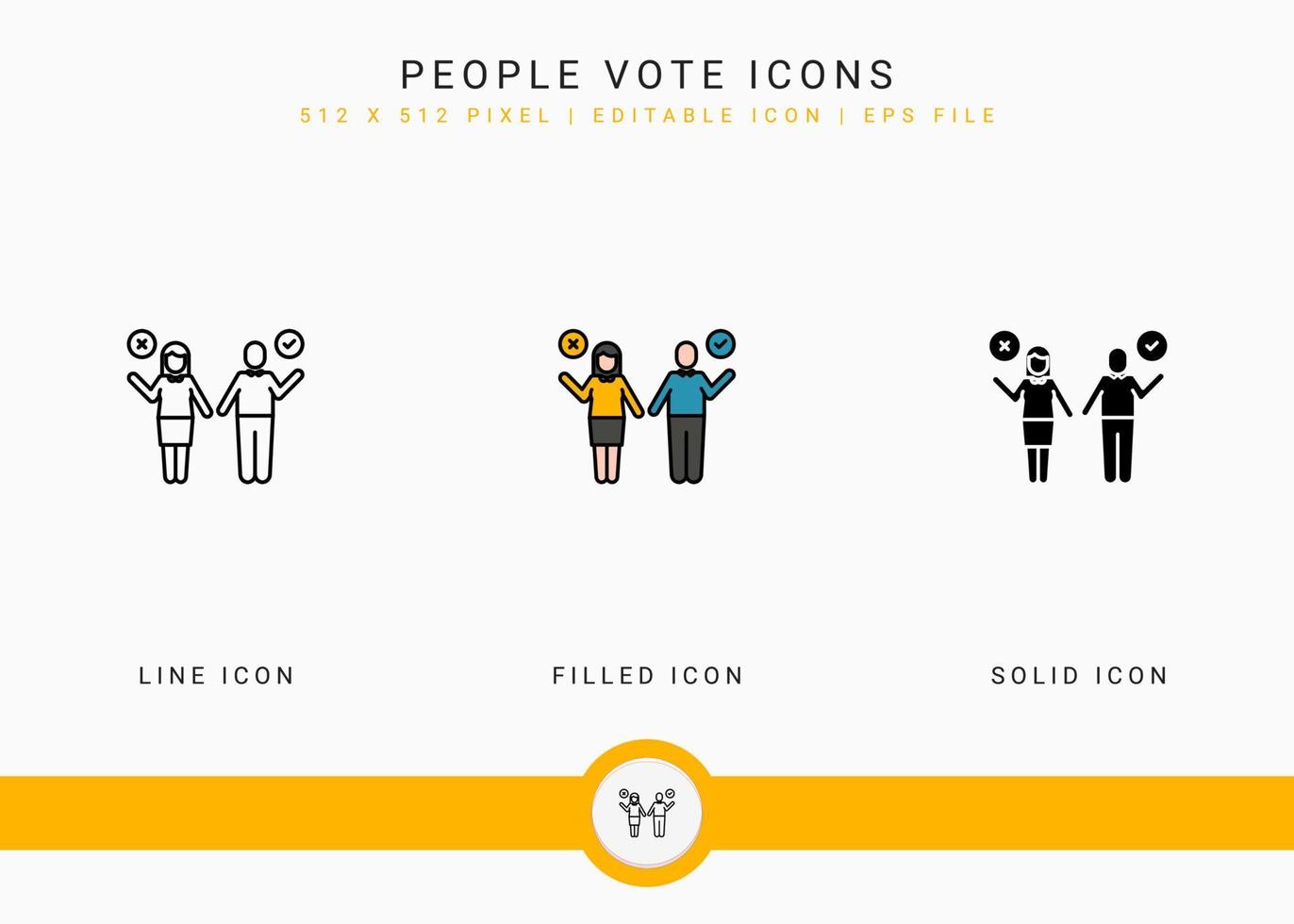 People vote icons set vector illustration with solid icon line style. Government public election concept. Editable stroke icon on isolated background for web design, user interface, and mobile app