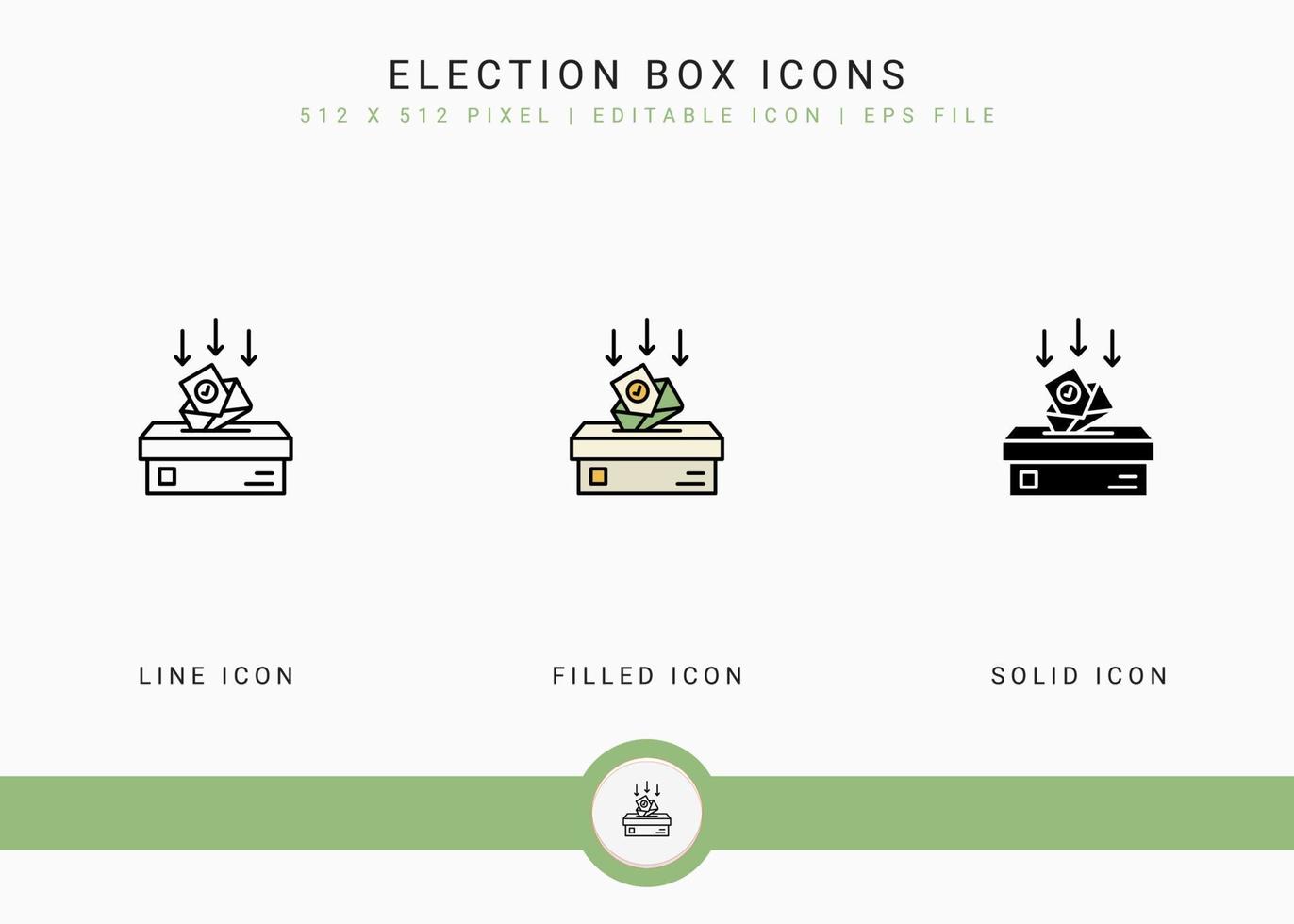 Election box icons set vector illustration with solid icon line style. Government public vote concept. Editable stroke icon on isolated background for web design, user interface, and mobile app