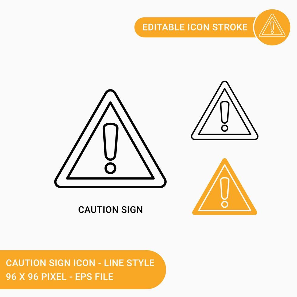 los iconos de signo de precaución establecen ilustración vectorial con estilo de línea de icono. precaución amarilla con el concepto de signo de exclamación. icono de trazo editable sobre fondo blanco aislado para diseño web, ui y aplicación móvil vector