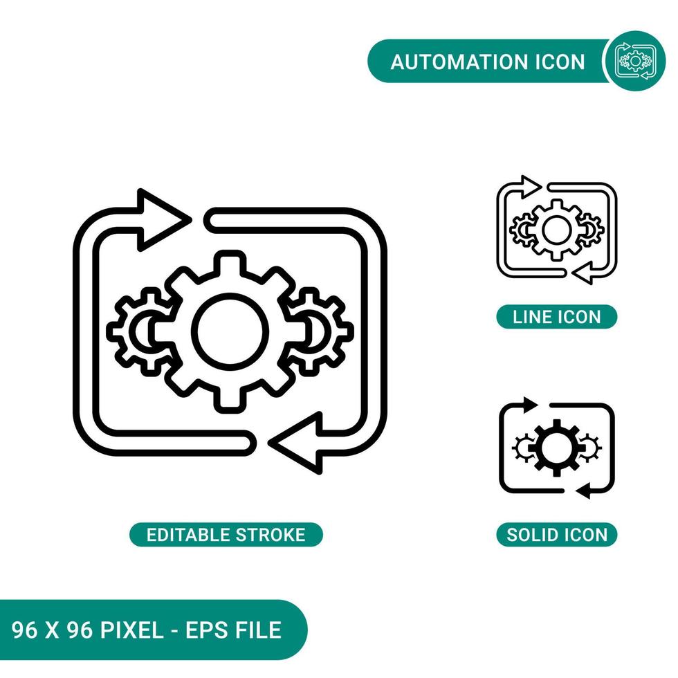 Automation icons set vector illustration with solid icon line style. Process optimization concept. Editable stroke icon on isolated background for web design, infographic and UI mobile app.