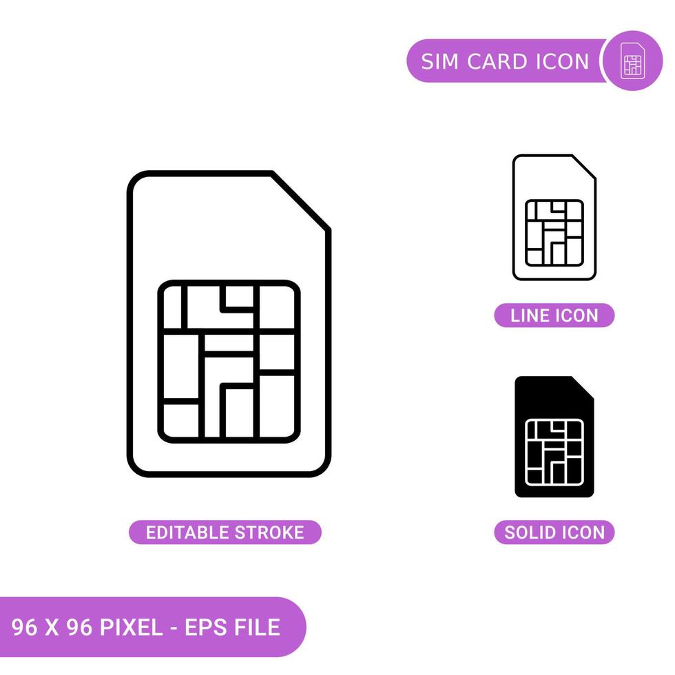 Sim card icons set vector illustration with solid icon line style. Phone chip concept. Editable stroke icon on isolated background for web design, infographic and UI mobile app.