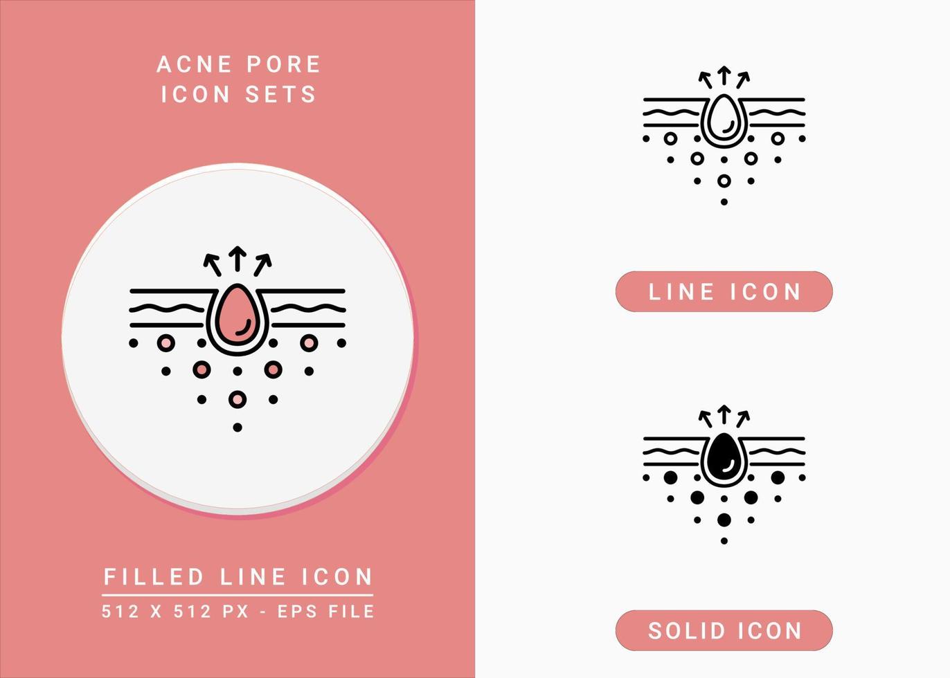 Acne pore icons set vector illustration with solid icon line style. Layer skin inflammation concept. Editable stroke icon on isolated background for web design, infographic and UI mobile app.