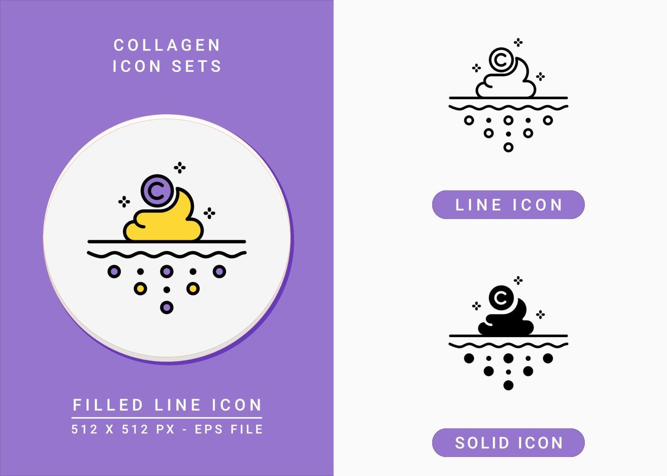 Collagen icons set vector illustration with solid icon line style. Skin cream care concept. Editable stroke icon on isolated background for web design, infographic and UI mobile app.