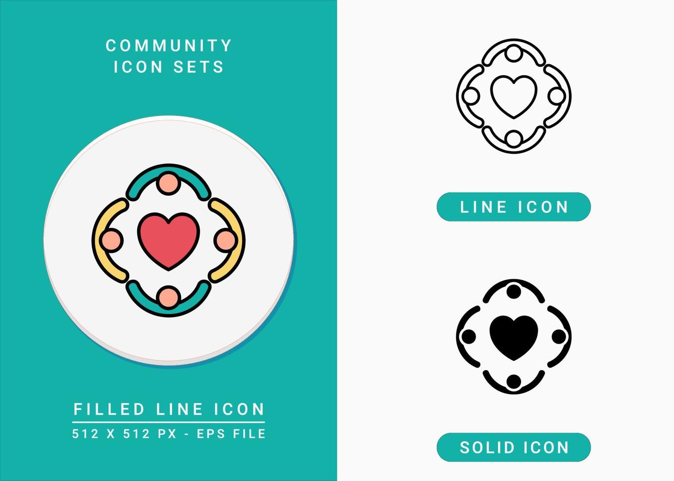 Community icons set vector illustration with solid icon line style. Teamwork care support concept. Editable stroke icon on isolated background for web design, infographic and UI mobile app.
