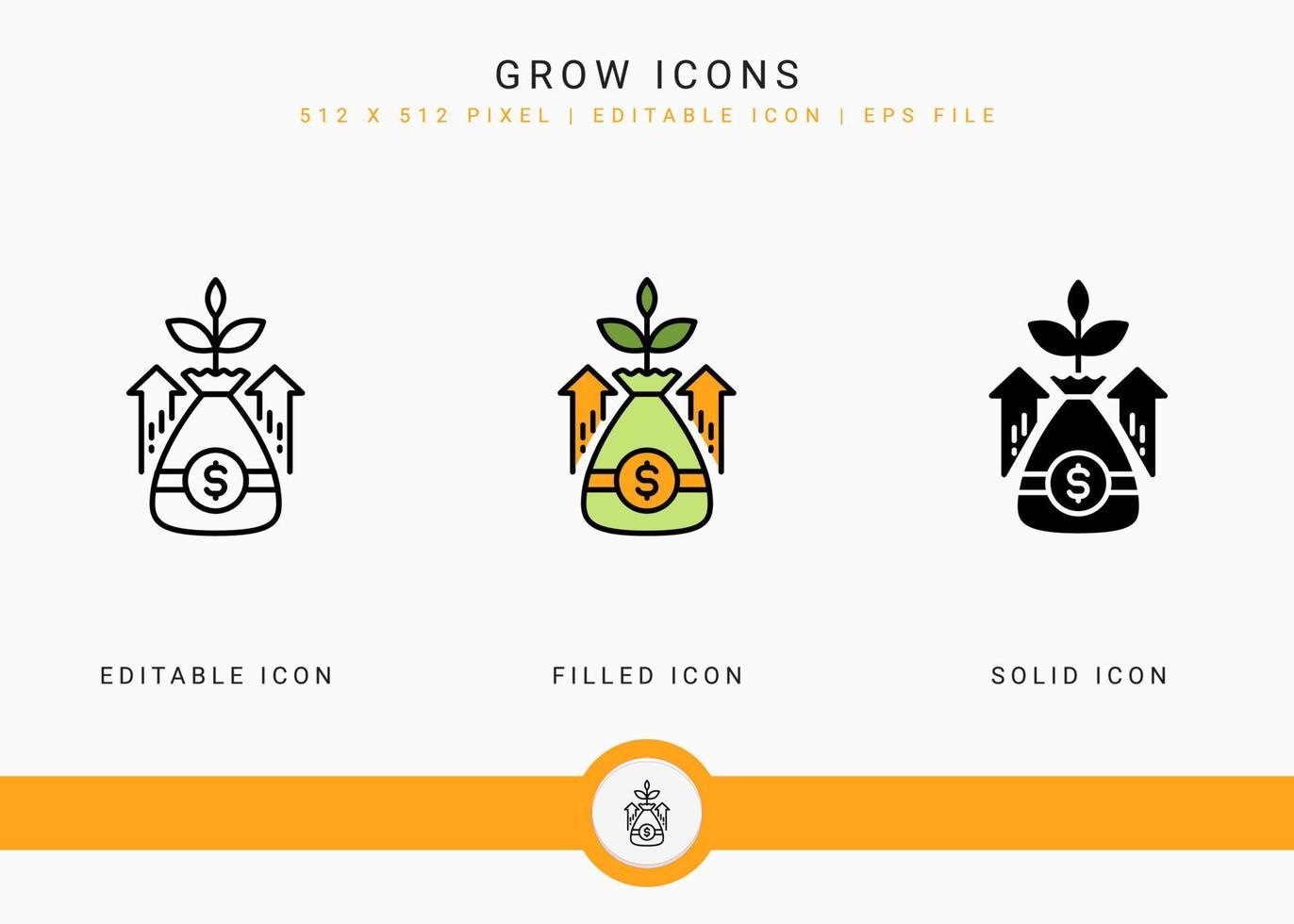 Grow icons set vector illustration with solid icon line style. Business development concept. Editable stroke icon on isolated white background for web design, user interface, and mobile application