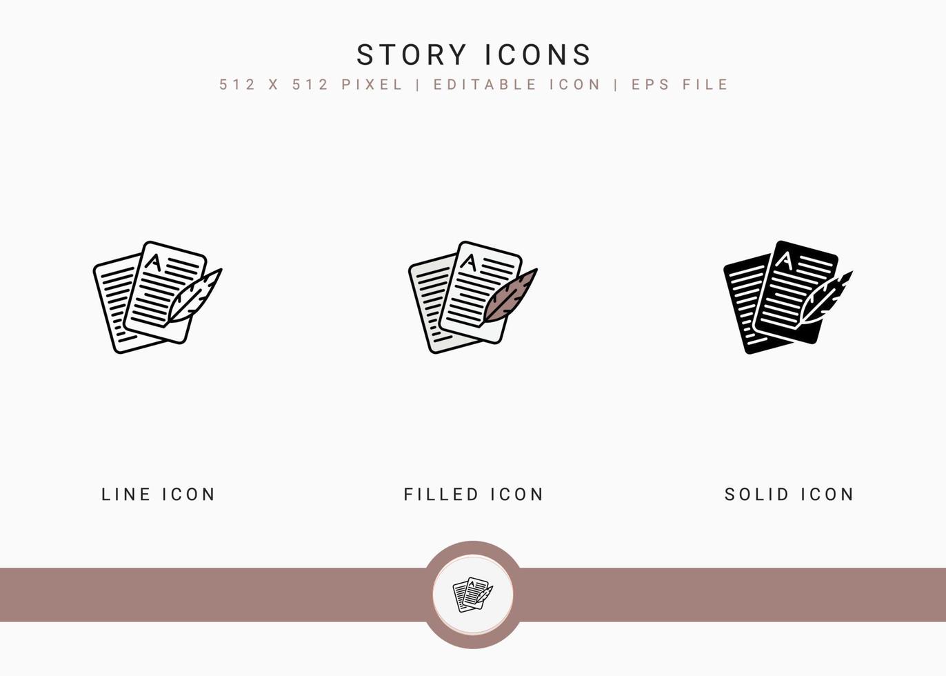 Story icons set vector illustration with solid icon line style. Journalist text publication concept. Editable stroke icon on isolated background for web design, user interface, and mobile application