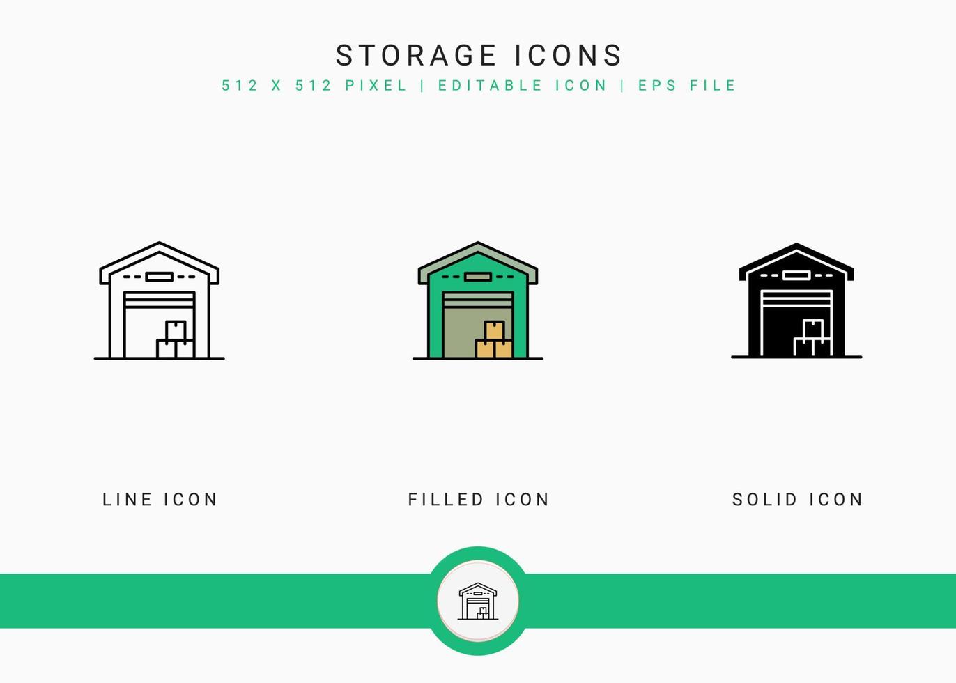 iconos de almacenamiento establecen ilustración vectorial con estilo de línea de icono sólido. concepto de servicio de entrega. icono de trazo editable en un fondo aislado para diseño web, interfaz de usuario y aplicación móvil vector