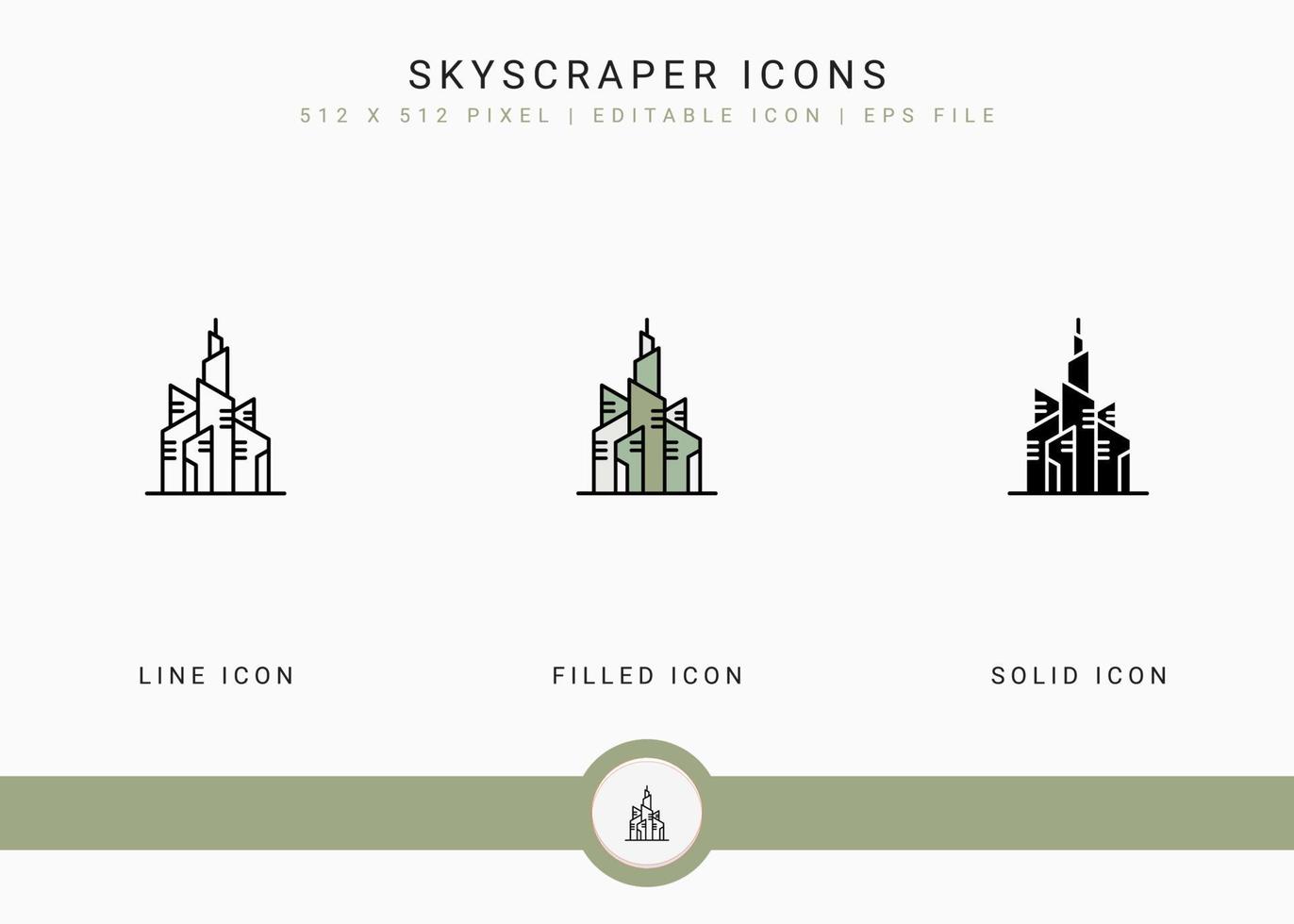 iconos de rascacielos establecen ilustración vectorial con estilo de línea de icono sólido. concepto de construcción de la ciudad. icono de trazo editable en un fondo aislado para diseño web, interfaz de usuario y aplicación móvil vector