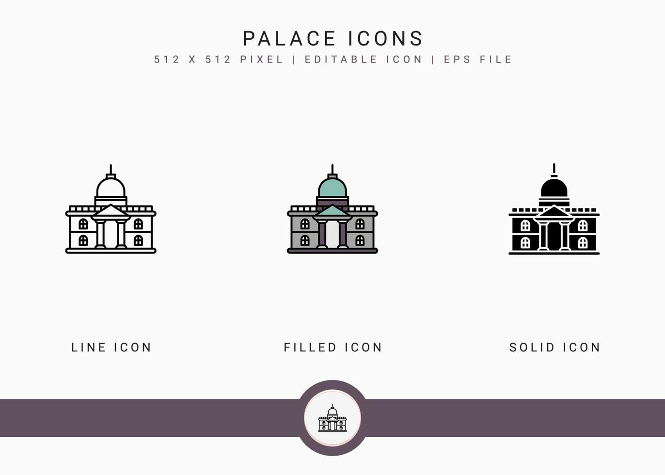 los iconos de palacio establecen ilustración vectorial con estilo de línea de icono sólido. concepto de construcción de la ciudad. icono de trazo editable en un fondo aislado para diseño web, interfaz de usuario y aplicación móvil vector