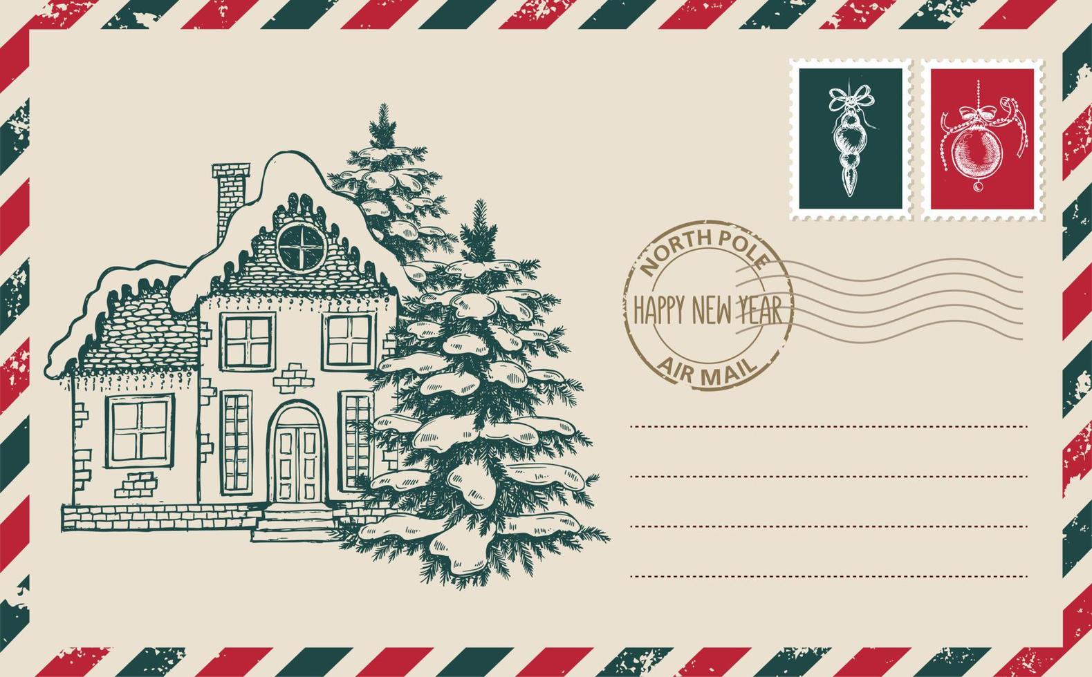 correo de navidad, postal, ilustración dibujada a mano. vector