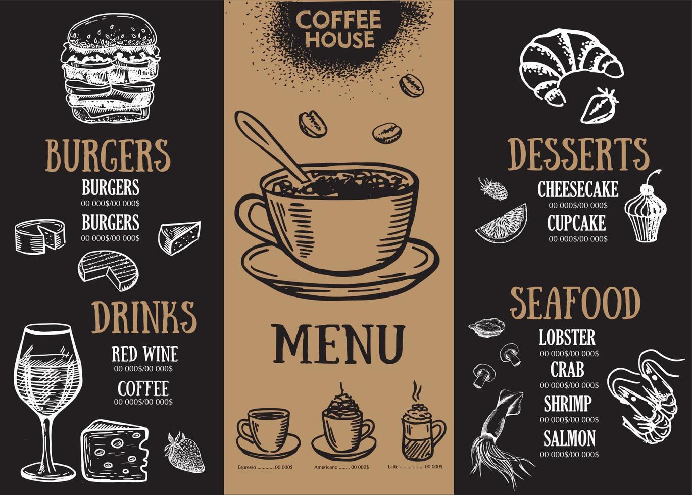 Restaurant menu, template design.. Food flyer. Hand-drawn style. Vector illustration.