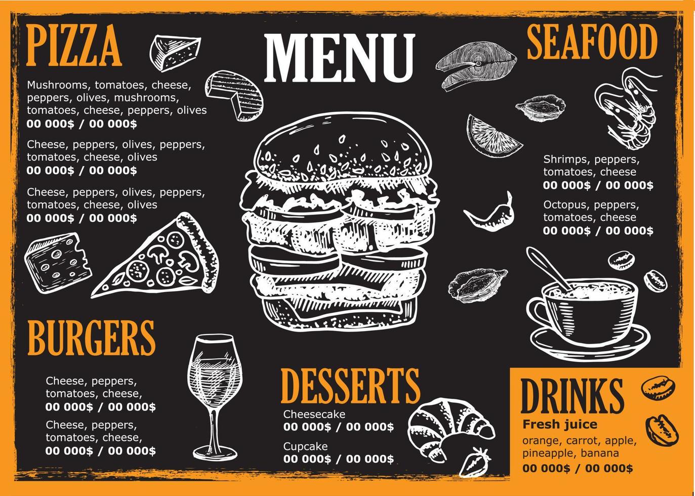 Restaurant menu, template design.. Food flyer. Hand-drawn style. Vector illustration.