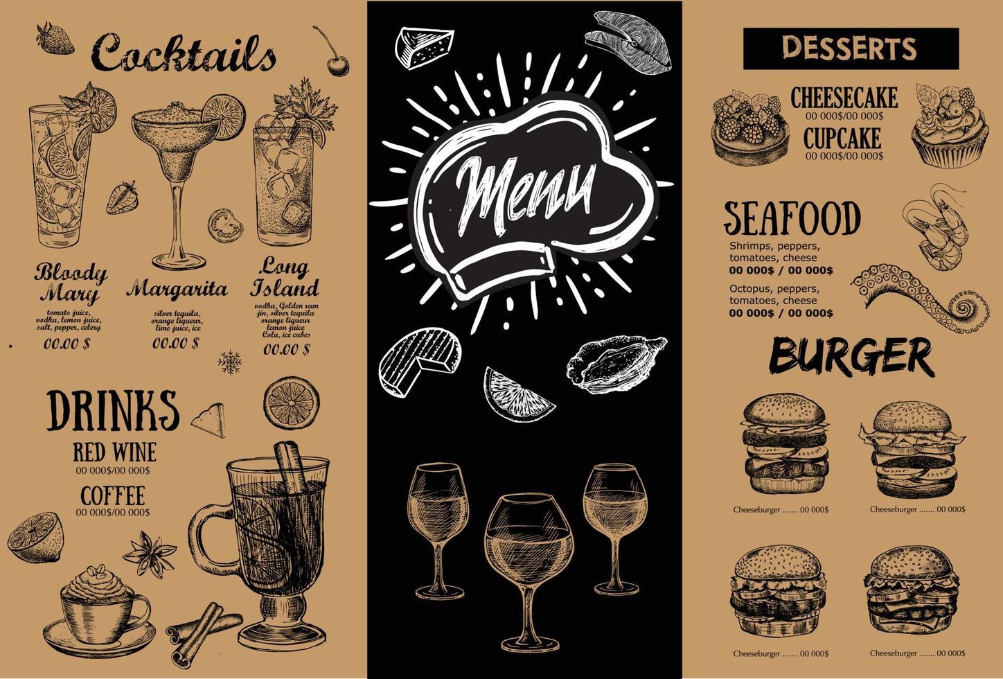 Restaurant menu, template design.. Food flyer. Hand-drawn style. Vector illustration.